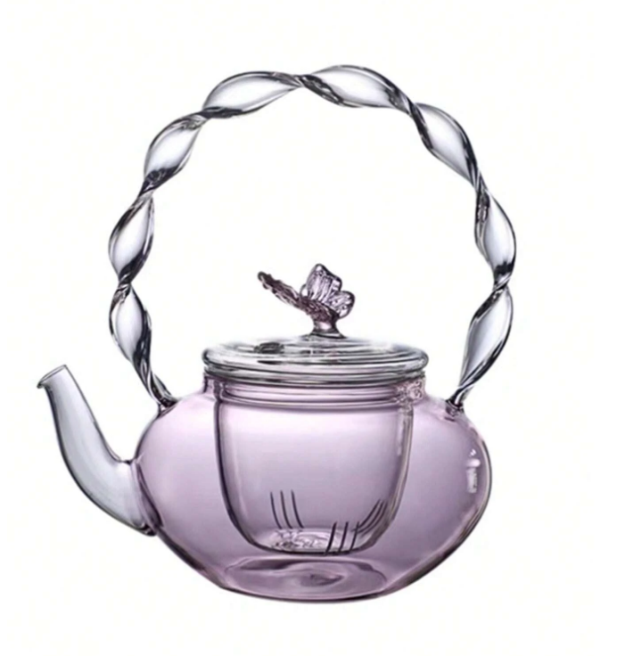 Transparent Pink Glass Teapot with Butterfly