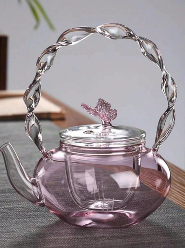 Transparent Pink Glass Teapot with Butterfly