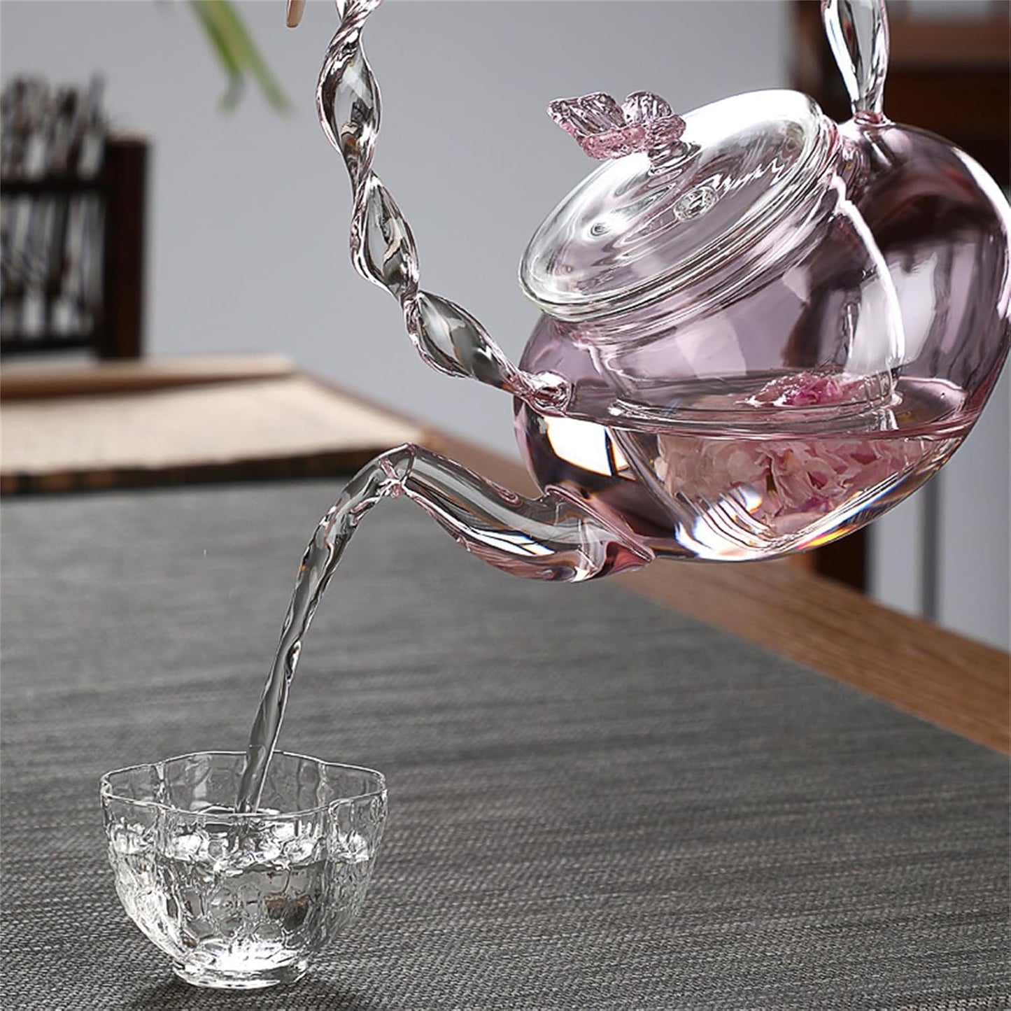 Transparent Pink Glass Teapot with Butterfly