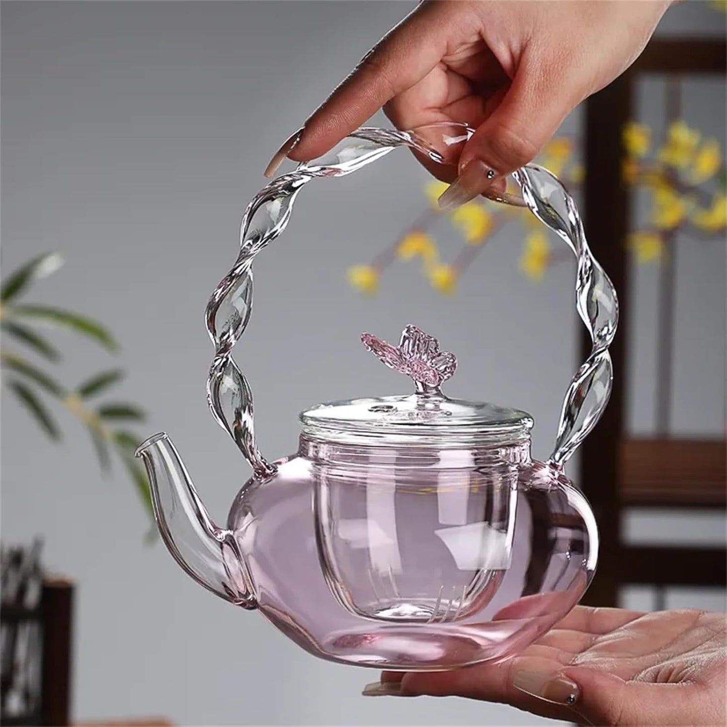 Transparent Pink Glass Teapot with Butterfly