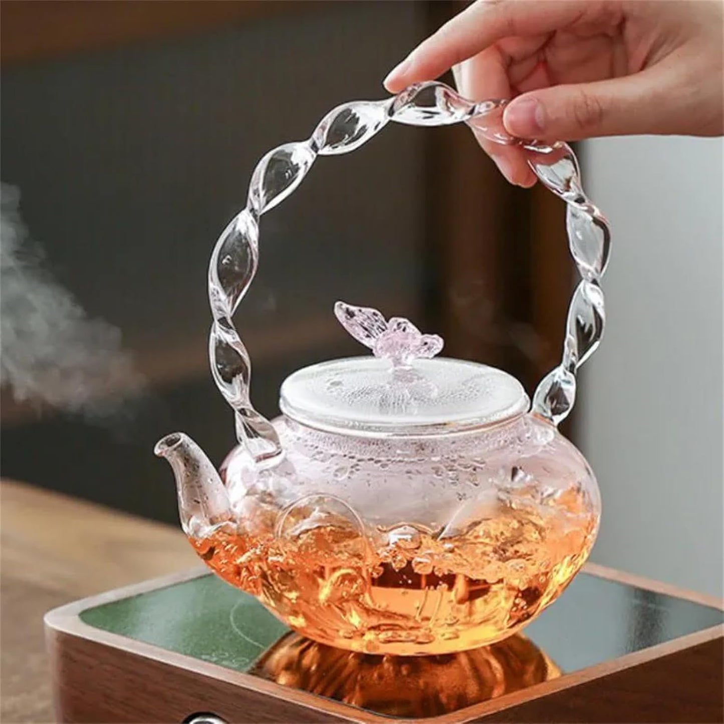 Transparent Pink Glass Teapot with Butterfly