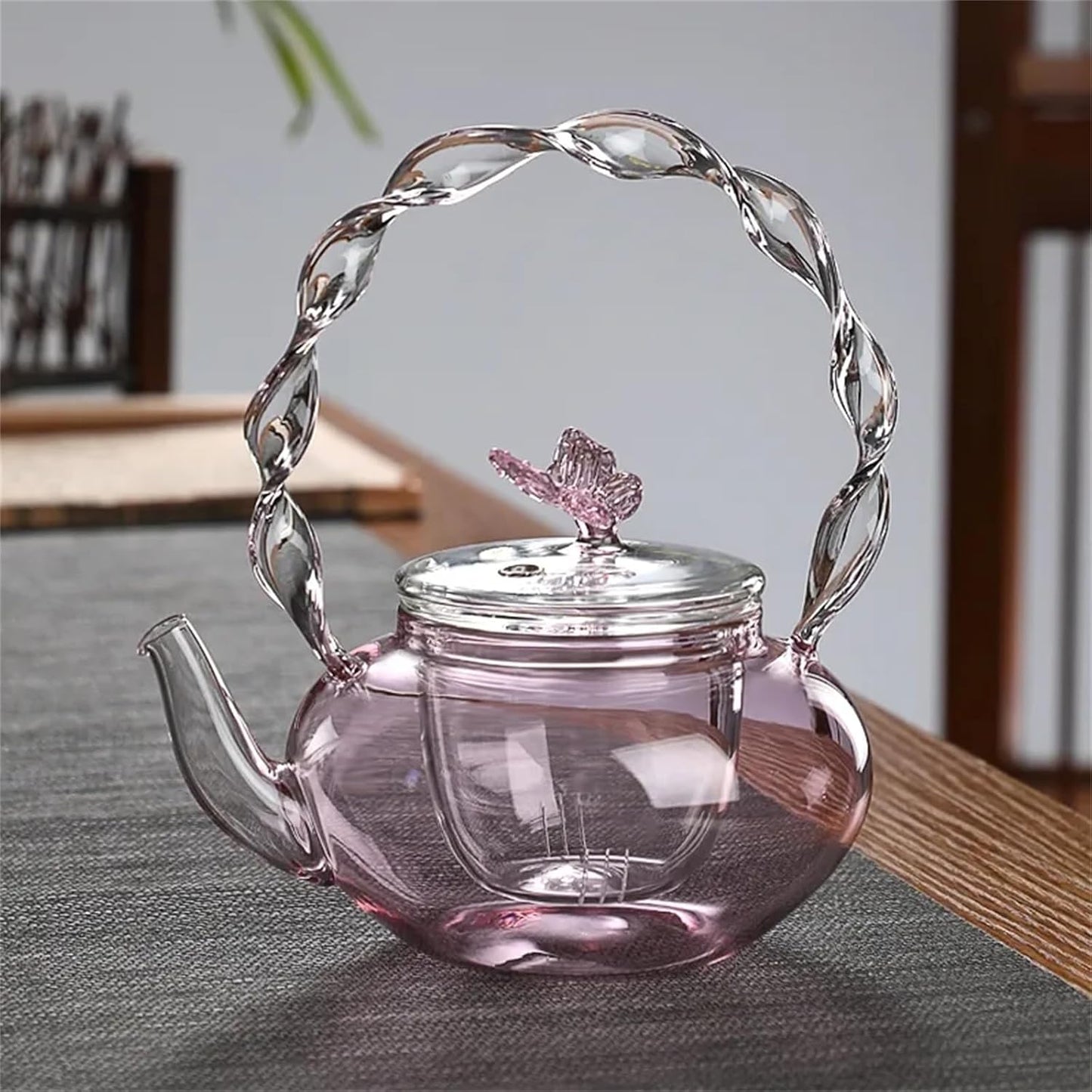 Transparent Pink Glass Teapot with Butterfly
