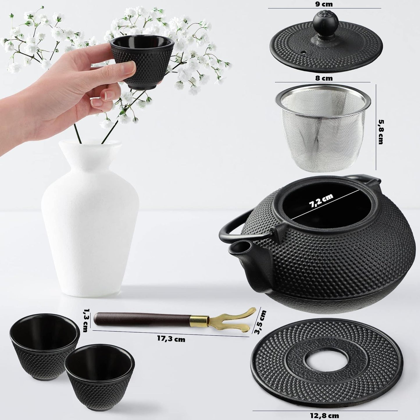 Black Cast Iron Teapot Set with Holder,4 Cups , 4 Saucers & Fork