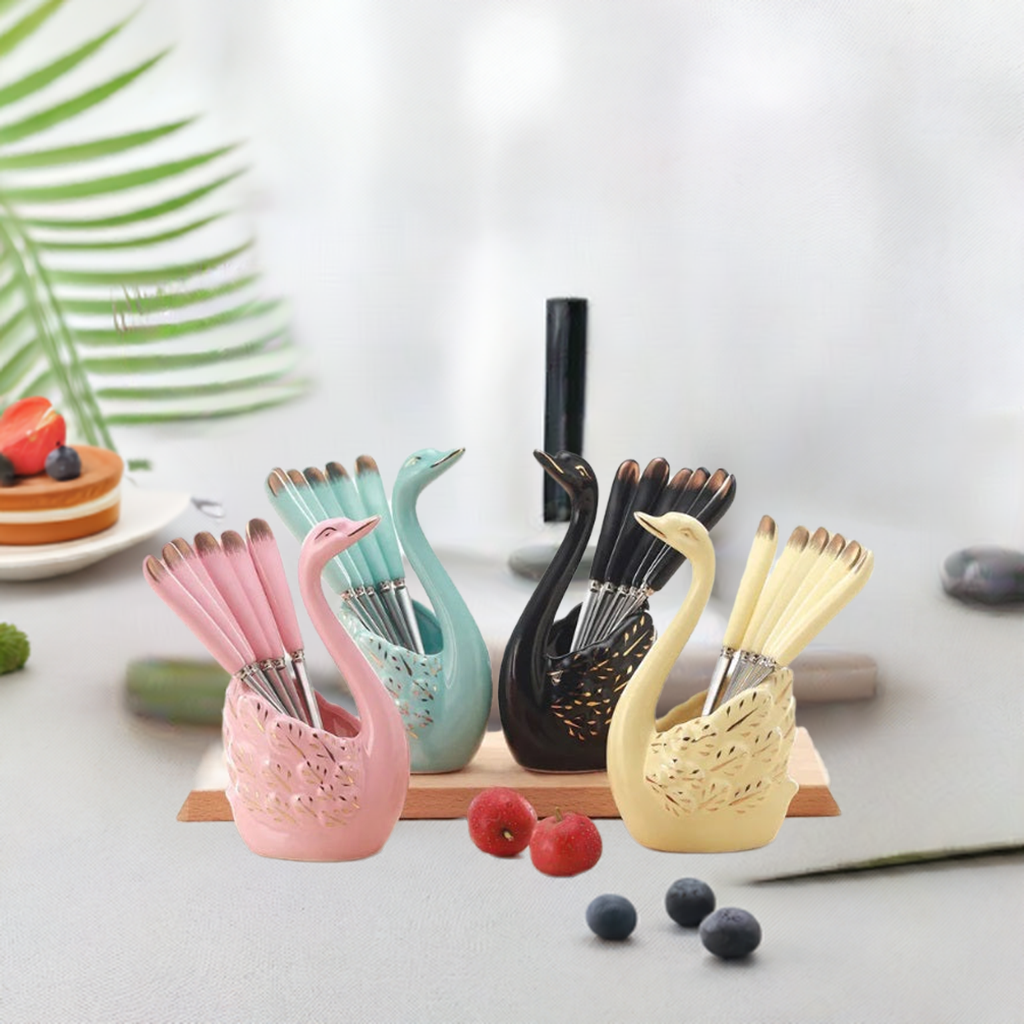 Set of 6 ceramic forks with swan base, swan dessert forks