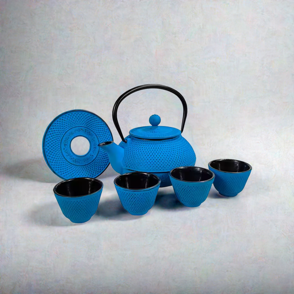 Blue Cast Iron Teapot Set with 4 Matching Cups & Pot Holder
