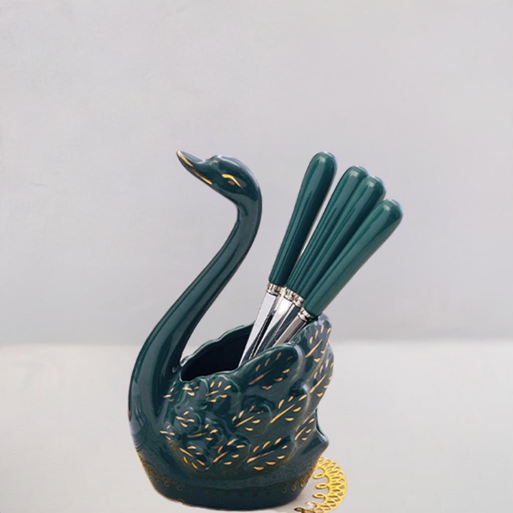 Set of 6 ceramic forks with swan base, swan dessert forks