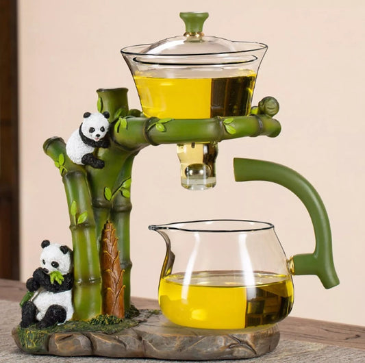 Panda  Glass Tea Set Semi Automatic Drip Rotating with Infuser Glass Teapot